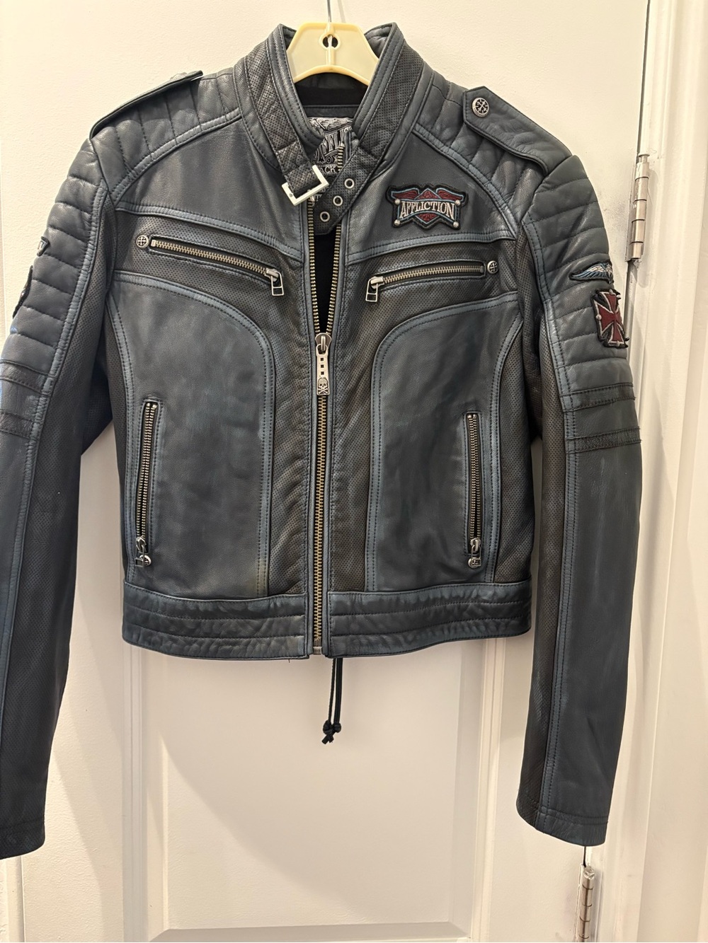 Affliction Women's Faded Black Leather Moto Jacket with Patch Detail